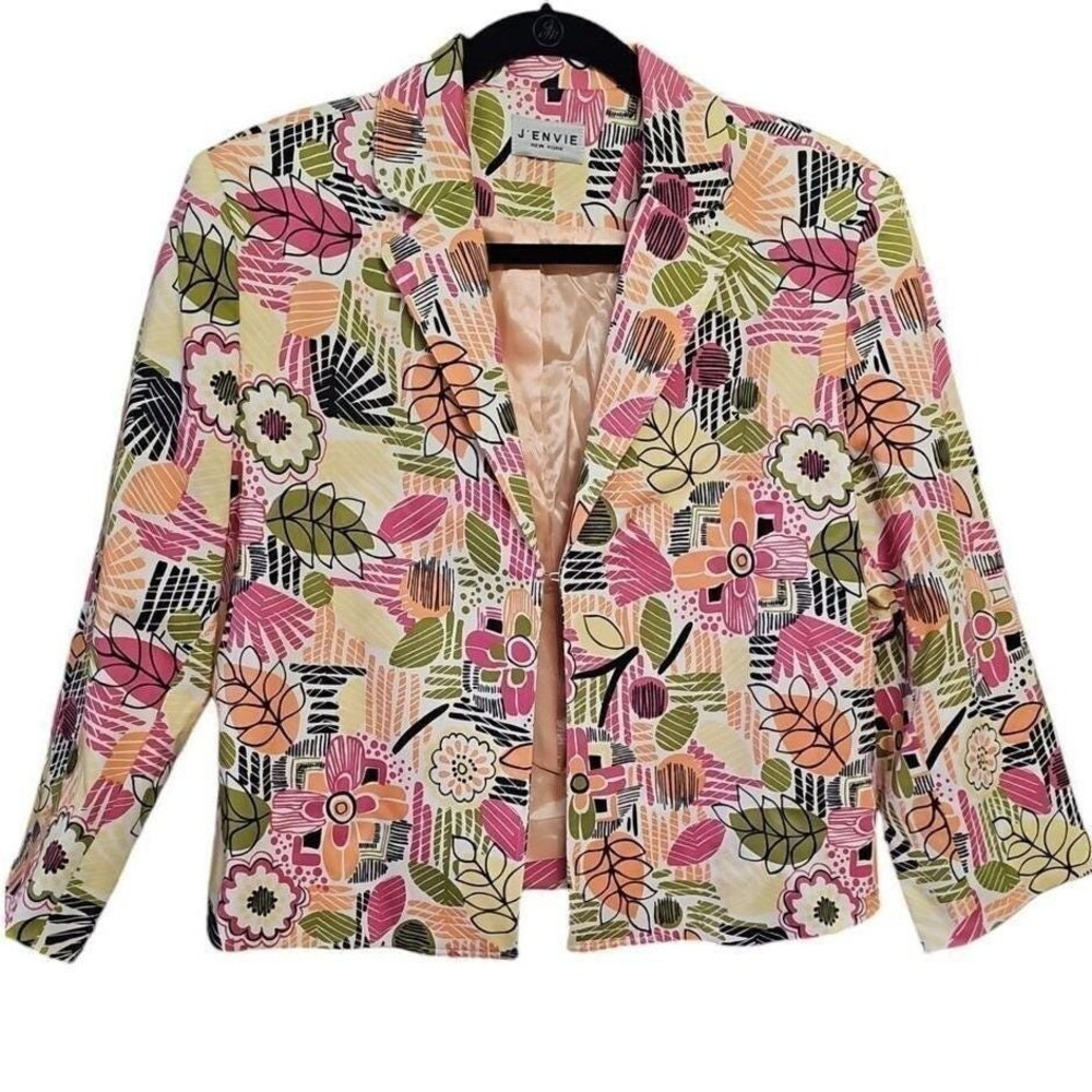 J'envie Women's Colorful Abstract Floral Blazer Knit Jacket Crop Coat‎ VTG 90's